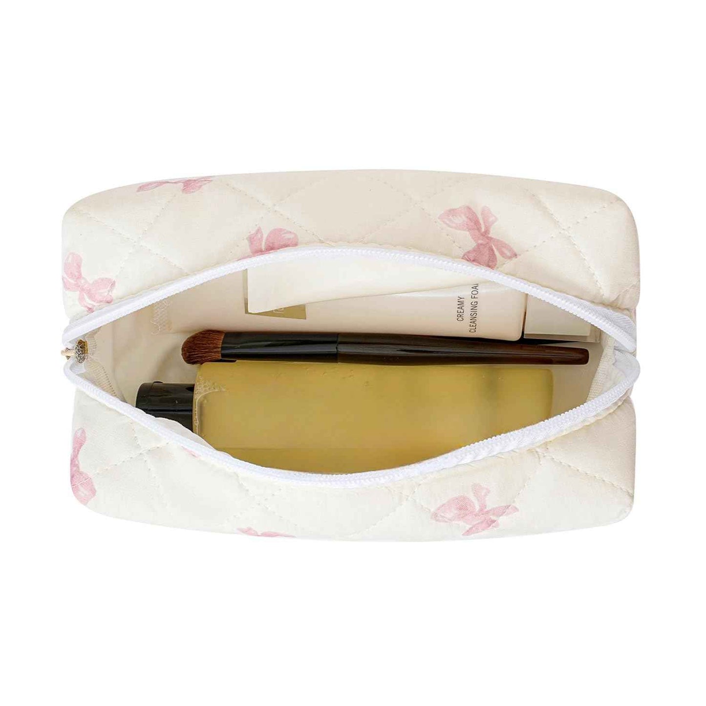 Gleyemor Small Quilted Makeup Bag for Women, Cute Floral Bow Cosmetic Bag, Emergency Bag Travel Toiletry Cotton Pouch Gifts for Girls Her Mom Friend Sister Bridesmaid (Small Pink Bowknot)