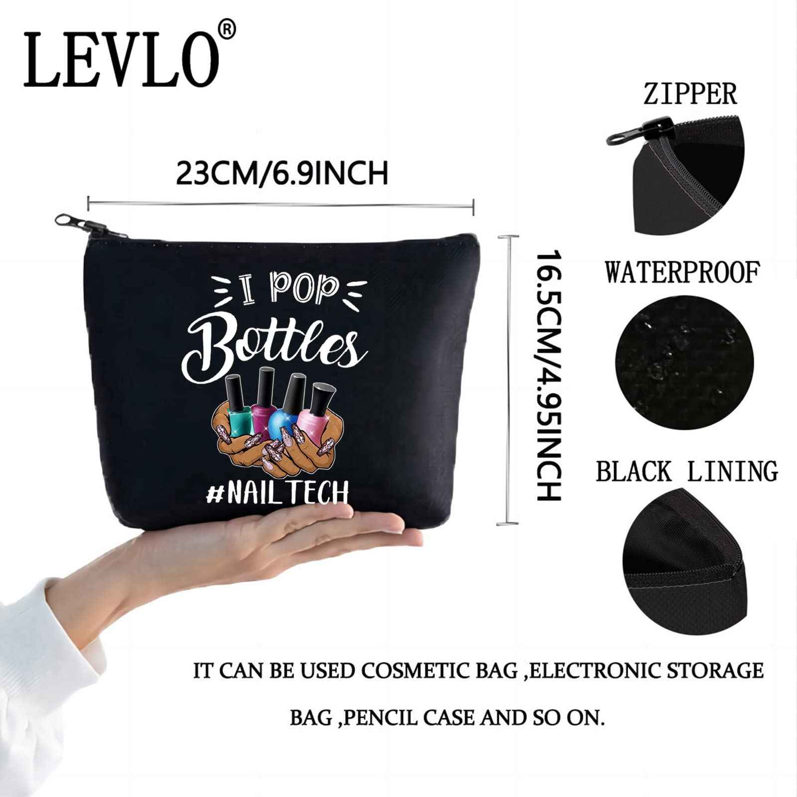 LEVLO Nail Technician Cosmetic Bag Manicurist Nail Tech Gift I Pop Bottles Nail Tech Make up Zipper Pouch Bag Nail Artist Gift (I Pop Bottles Black)