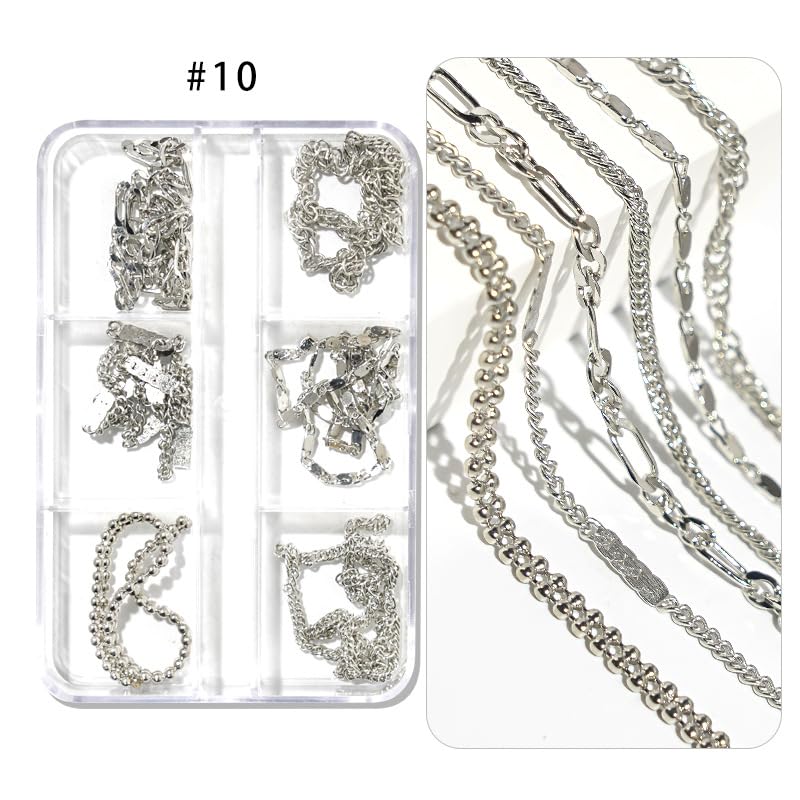 JERCLITY 1 Box 6 Strips Nail Chains for Nail Art Antique Silver Alloy Metal Nail Art Chains Antique Silver Nail Charms Punk Chains Nail Studs Antique Silver Chain Accessories for Women Nail Art