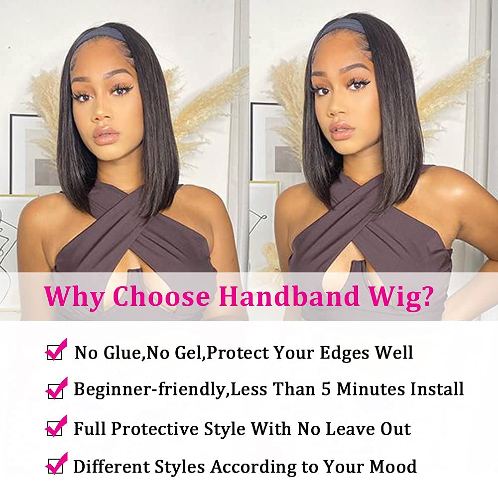 AISI Headband Wigs Human Hair Bob Headband Wigs for Black Women Easy Wear and Go Glueless Wigs Short Straight Wigs Machine Made 150% Density No Lace Headband Wig Natural Color(10 Inch)