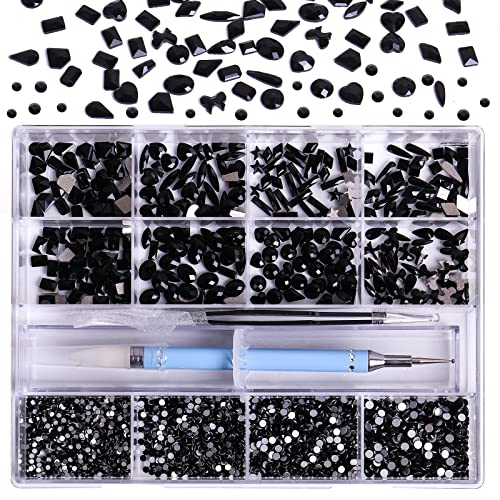 3320Pcs Black Nail Art Rhinestones Crystal,HOINCO 3D Rhinestones Gems Jewels Diamond,24 Types of 320 Diamonds + 3000 Round Beads, Crystals 3D Flat Back Gemstones for Nail DIY Crafts with Tweezers Pen