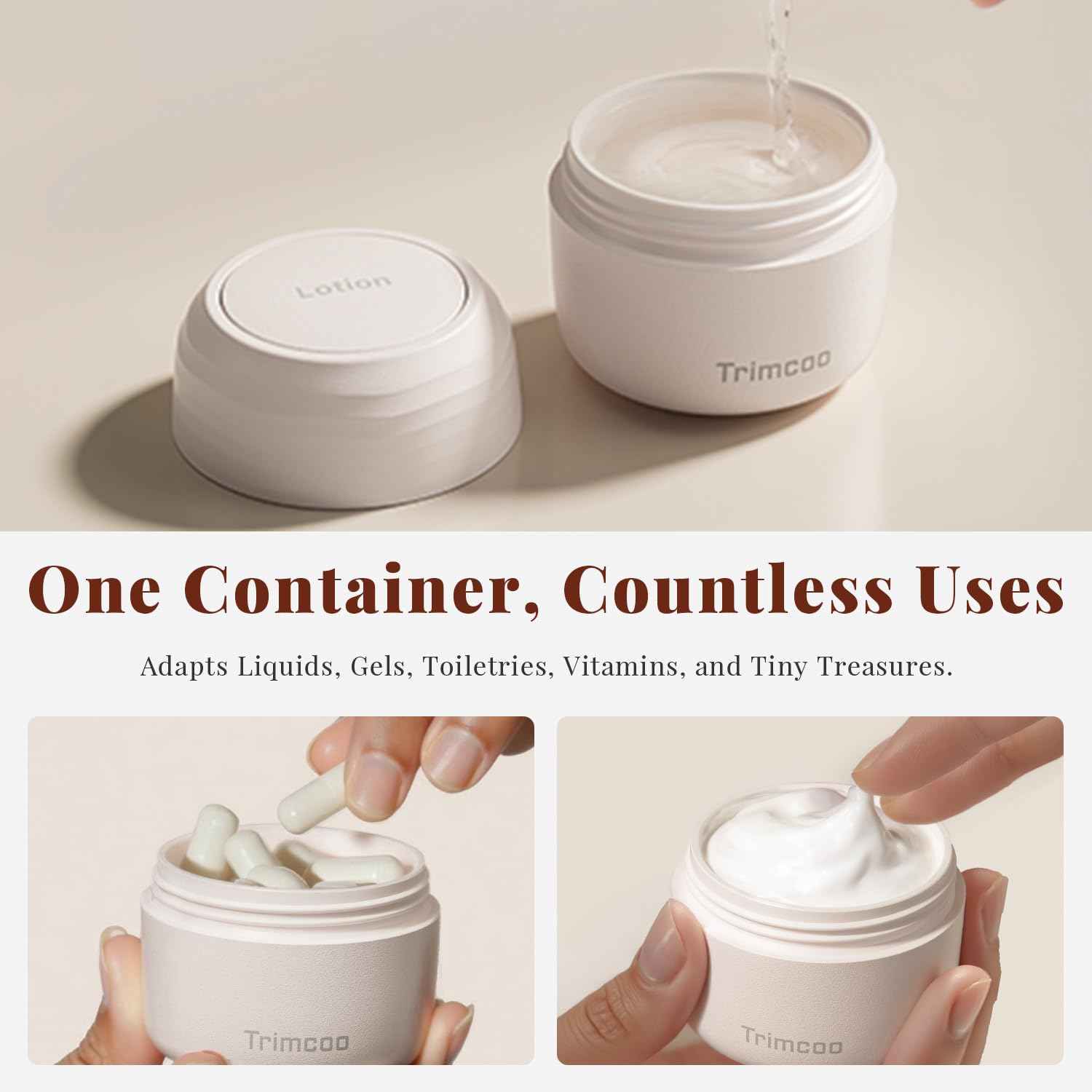 Trimcoo New Travel Toiletry Containers [Ultra Leakproof] TSA-Approved, PLA Hard Shell Jars with 5 Magnetic Labels, Wide Mouth Bottles for Lotion, Cleanser, Shampoo, Conditioner, Beige, 3 Pack, 1OZ