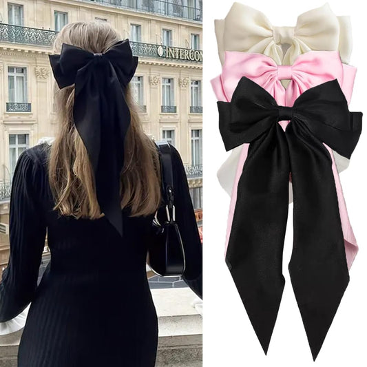 Hair Ribbon Hair Bows for Women: 3 Pcs Large Bow Hair Clips with Bowknot Long Tail Tassel Big Bows Ribbons Hair Barrettes for Girls (Black Bow, Pink Bow, Beige Bow)