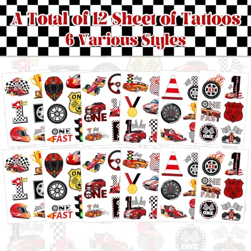 Fast One Temporary Tattoos Stickers, Race Car 1st Birthday Party Favors Decorations Supplies Gifts for Boys Girls Classroom Rewards