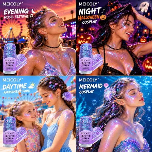 MEICOLY Light Purple Face Glitter Stick | Mermaid Hair & Body Glitter for Women, Rave & Festival Accessories