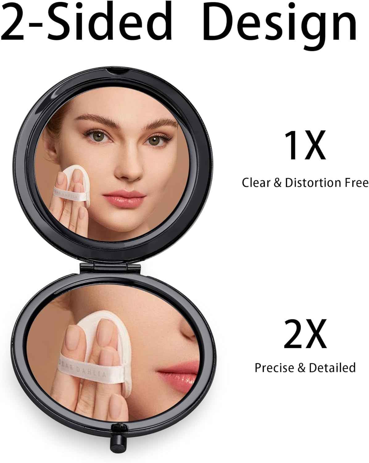 MLLXX Compact Mirror for Purse, Metal Round Shell, Double-Sided 1X/2X Magnifying, Portable Travel Makeup Mirror, Mini Pocket Mirror, Black，4 Packs