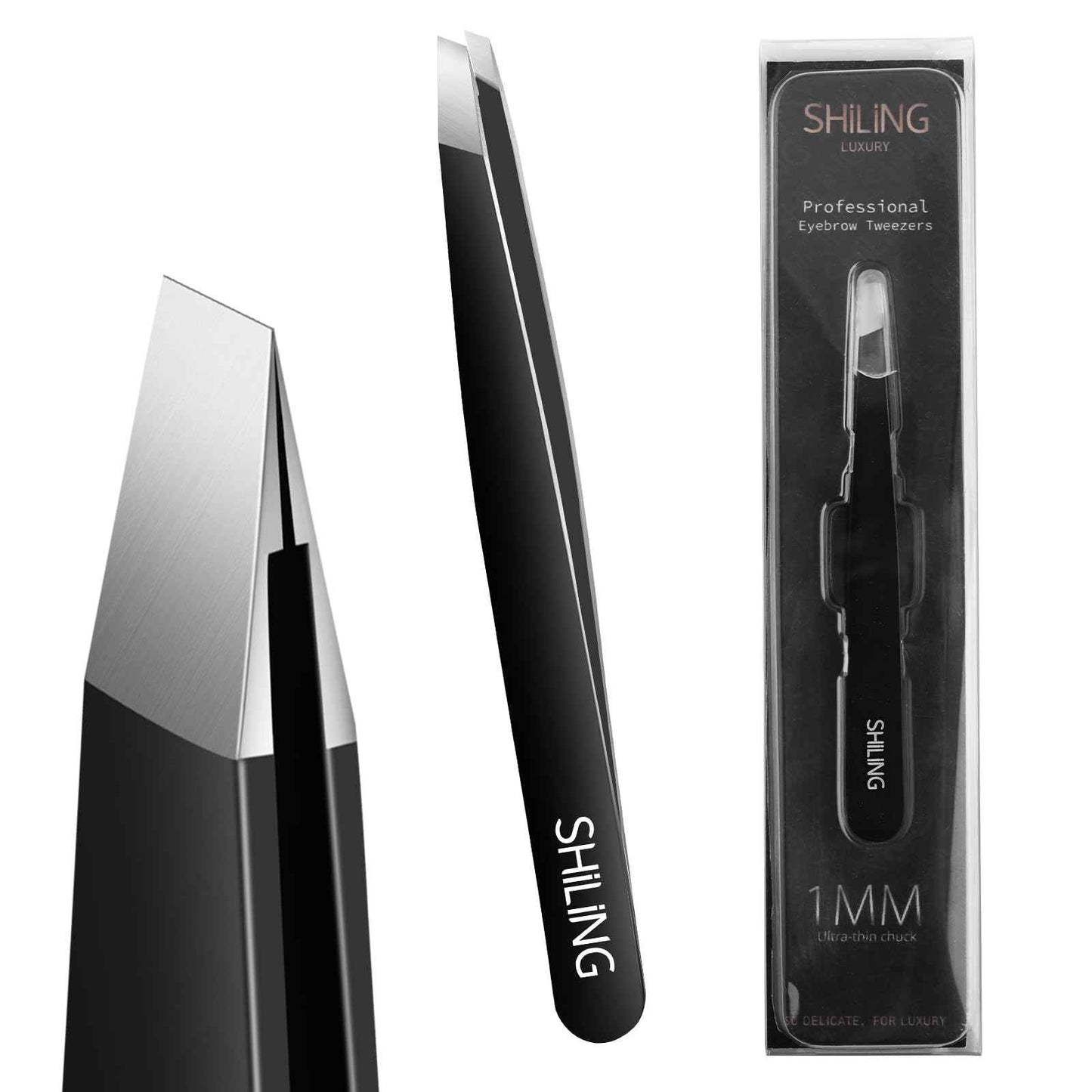 Shiling Professional Eyebrow Tweezers, Black, Stainless Steel, 1mm Ultra-Thin Tip, Anti-Rust Coating, Precision Slanted Design for Facial Hair Removal