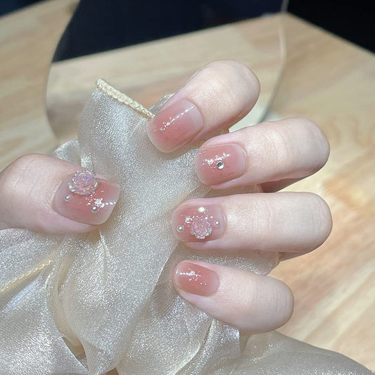 DOUBNINE Press On Nails Short Square Pink Flower Rose Nude Natural Ombre Gossry Acrylic False Nails with Glue Ballerina Spring Look Full Cover Stick On Nails Daily Wear for Women