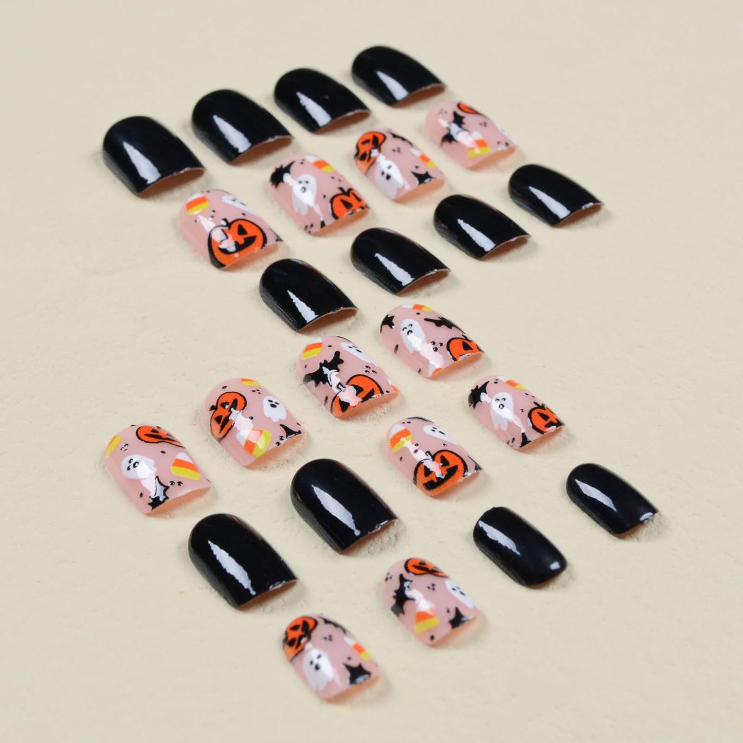 24Pcs Halloween Press on Nails Short Square Fake Nails Black False Nails Halloween Acrylic Nails Full Cover Stick on Nails Glossy Artificial Nails with Pumpkin Ghost Bat Designs Cute Glue on Nails