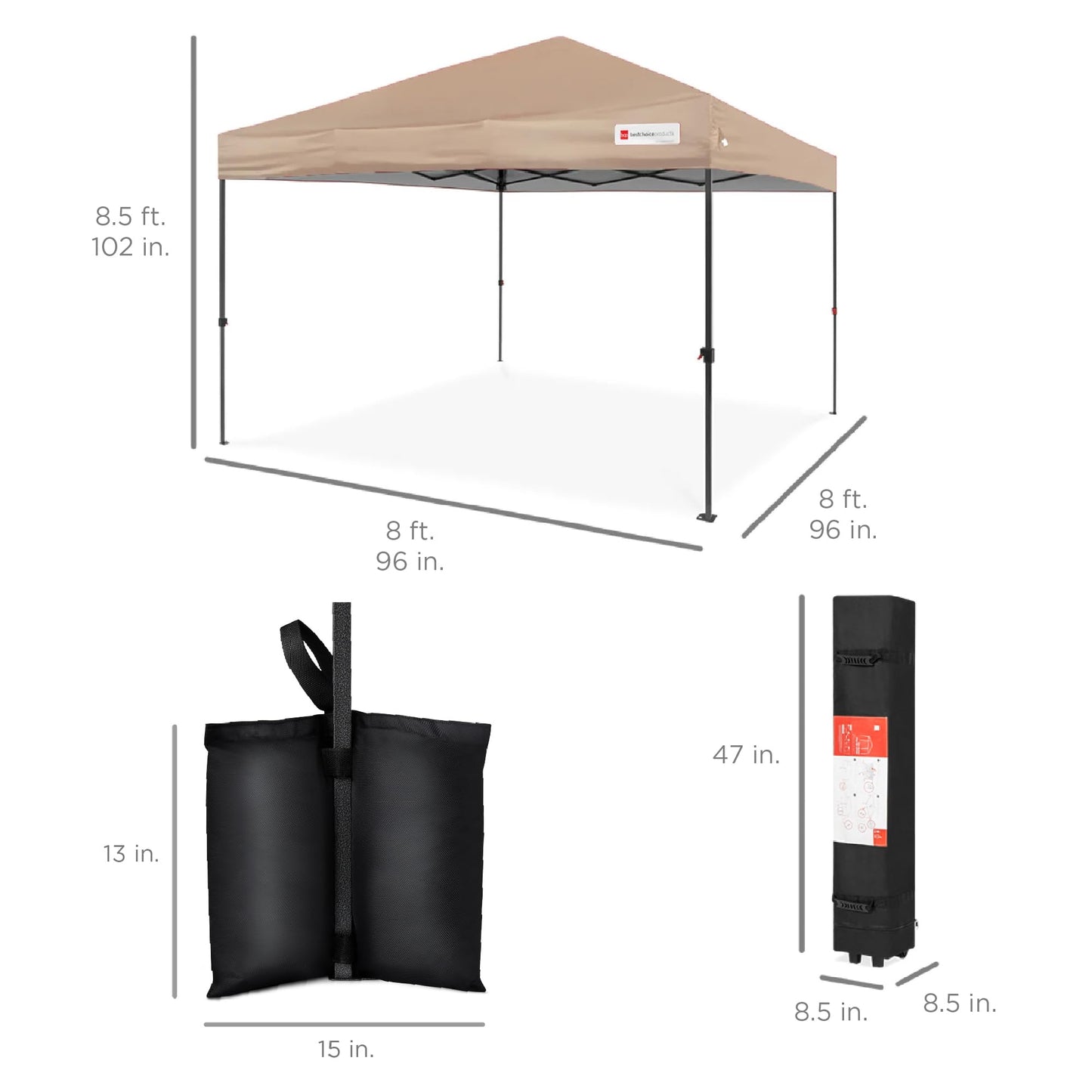 Best Choice Products 8x8ft 1-Person Setup Pop Up Canopy Tent Instant Portable Shelter w/ 1-Button Push, Case, 4 Weight Bags - Tan