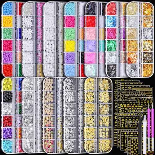 12 Boxes Nail Gems and Charms, Gold Charms for Nails Rhinestones Kit with 30 Sheets Nail Art Stickers Crystals Flatback Pearls Nail Decals Fruit Nail Charms Pearls for Nails Design DIY Accessories