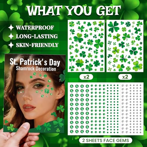 EMOME St Patrick Day Accessories, St Patrick's Day Shamrock Face Tattoo with Green White Face Gems, Saint Patrick's Day Makeup Art Decorations for Women, Girls