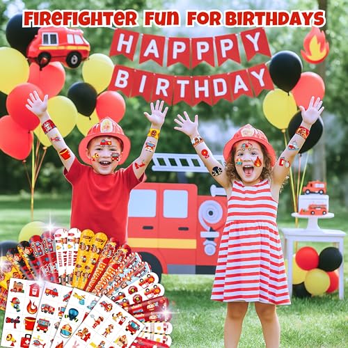72-Piece Fire Truck Party Favors Set - Tattoos & Slap Bracelets
