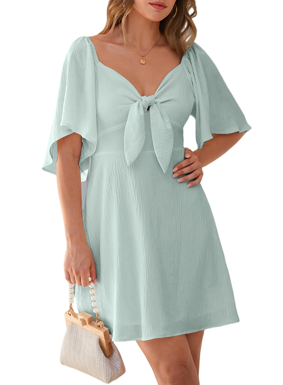 Dokotoo Women Dresses Summer Linen Dresses for Women Womens Easter 2024 Fashion Casual Elegant V Neck Drawstring Ruffle Solid Cap Sleeve Mini Summer Dress Green