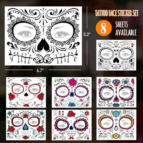 8 Sheets Sugar Skull Temporary Face Tattoos - Day of the Dead