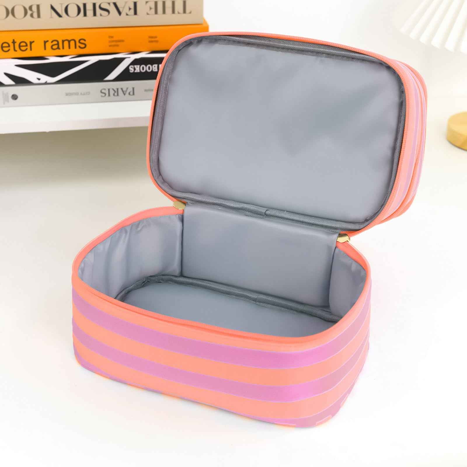 Apxouans Three Layer Makeup Bag for Women Fashion Stripes Cosmetic Bag Preppy Style Travel Water-Resistant Toiletry Bag for Storage Toiletries Cosmetics Sets for Women Teen Girls Purple