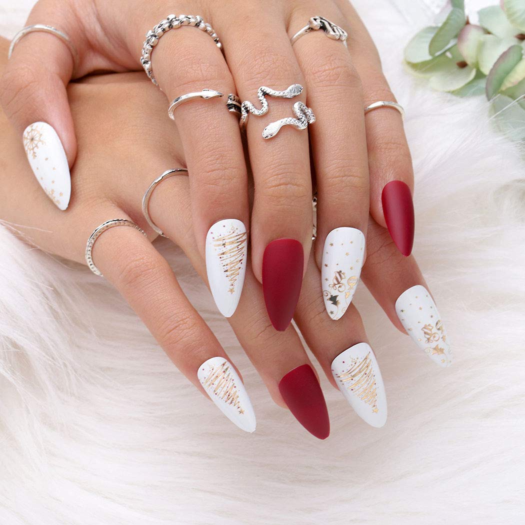 Gangel Red Matte False Nails Xmas Fake Nail Full Cover Christmas Long Fake Nails Snow Deer Acrylic Press on Nails Daily Wear Gifts for Women and Girls 24Pcs (RED WHITE)