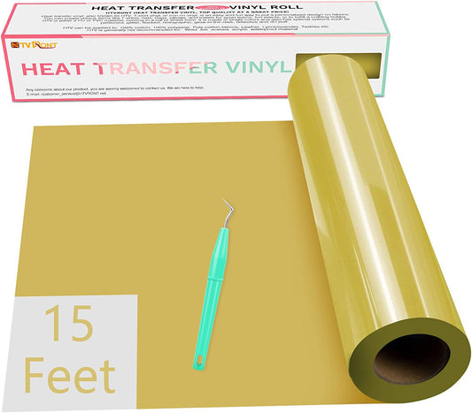 HTVRONT HTV Vinyl Rolls Heat Transfer Vinyl - 12" x 15ft Gold HTV Vinyl for Shirts, Iron on Vinyl for Cricut & Cameo - Easy to Cut & Weed for DIY Heat Vinyl Design (Gold)