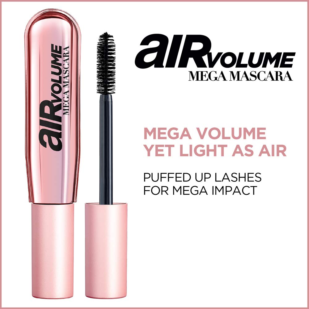 L’Oréal Paris Makeup Air Volume Mega Mascara, Lightweight & Long-lasting Volumizing Mascara for Voluminous Eyelashes, Waterproof Blackest Black, 0.3 Fl Oz (Pack of 2)