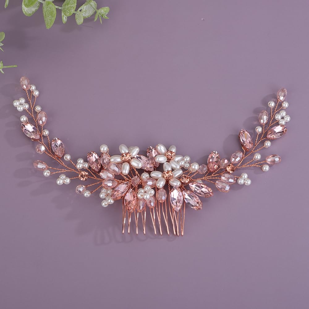 Rumtock Pink Crystal Rose Gold Hair Piece for Wedding Brides Women Girls Banquet Handmade Boho Hair Accessories Side Combs for Special Occasion (Pink)