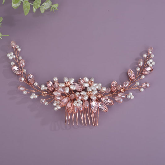 Rumtock Pink Crystal Rose Gold Hair Piece for Wedding Brides Women Girls Banquet Handmade Boho Hair Accessories Side Combs for Special Occasion (Pink)