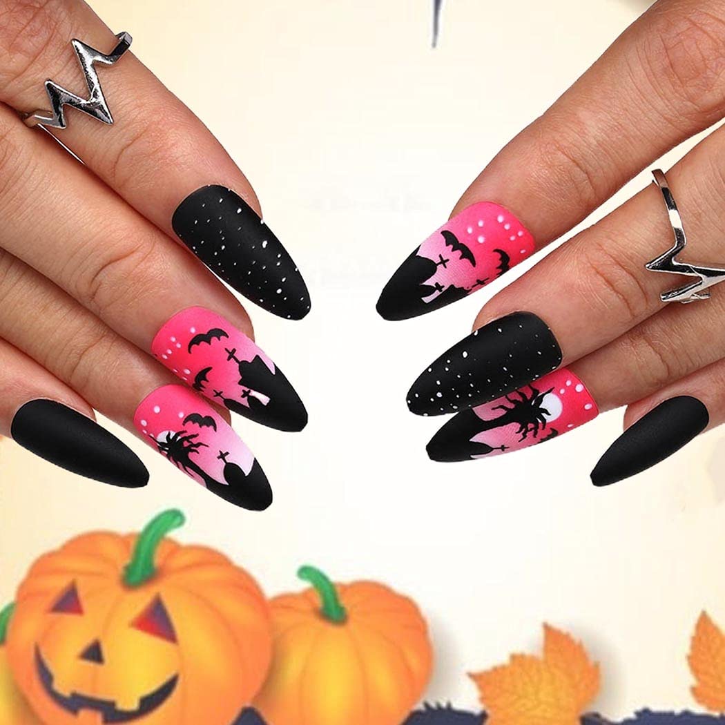 Outyua Stiletto Halloween Long Press on Nails with Design Horror Acrylic Fake Nails Ballerina False Nails Designer Full Cover Nails 24Pcs for Women and Girls (Pink Tree)