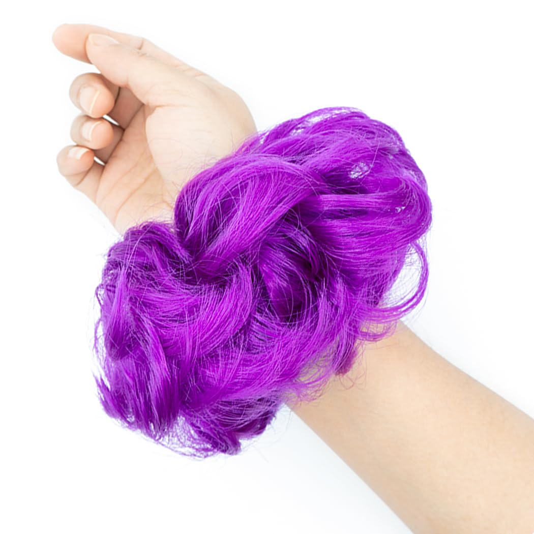 QTHQTFL 2pcs Messy Bun Hair Piece Scrunchie Hair Bun Hair Pieces for Women Girls Elastic Rubber Band Curly Wavy Synthetic Hair Bun Scrunchies Ponytail Extensions (Dark Purple)