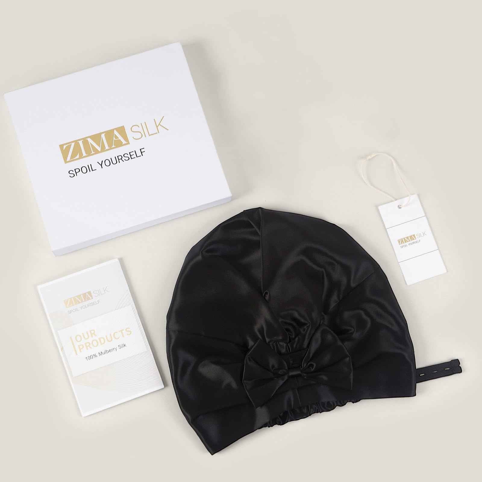 ZIMASILK 22 Momme Adjustable 100% Pure Mulberry Silk Bonnet for Sleeping Women, Double-Layered Silk Hair Bonnet for Anti-Frizz & Hair Protection – Reduces Slipping (1Pc, Black)