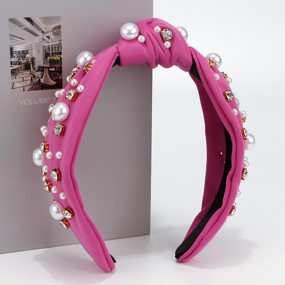 FASOTY Knotted Headband Women Pearl Rhinestone Headband Wide Top Knot Hairband Embellished Jeweled Beaded Crystal Diamond Bling Sparkly Fashion Hair Accessories Hot Pink Headband