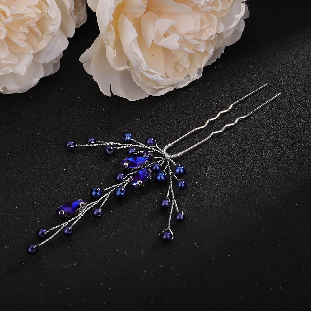 Teyglen 3pcs Crystal Pearl Bridal Hair Pins Blue Pearl Bride Wedding Hair Pins Set for Bride Wedding Hair Accessories Handmade Red Black Blue Pearl Hair Pieces for Women Bridesmaid Girls (Blue)