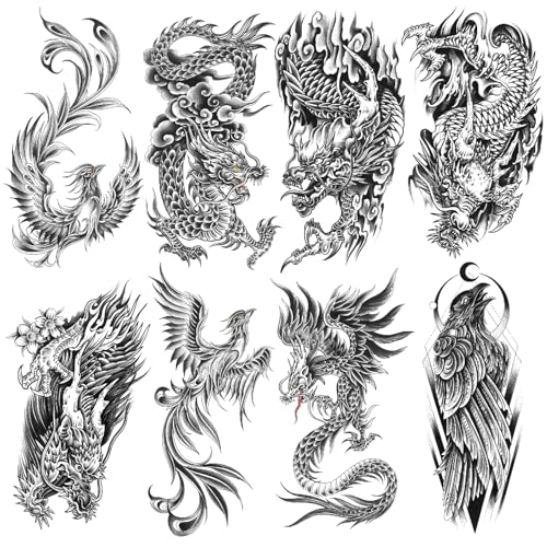 8 Sheets Waterproof Arm Body Art Temporary Tattoo Stickers Black Flying Dragon Phoenix