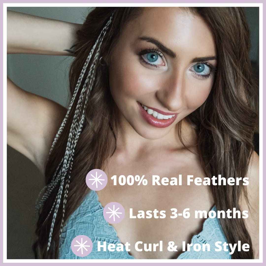 Black and White Striped Hair Feathers DIY Kit for Feather Extensions- 20 Real Rooster Feather Accessories, microlink beads and loop tool by Feather Lily