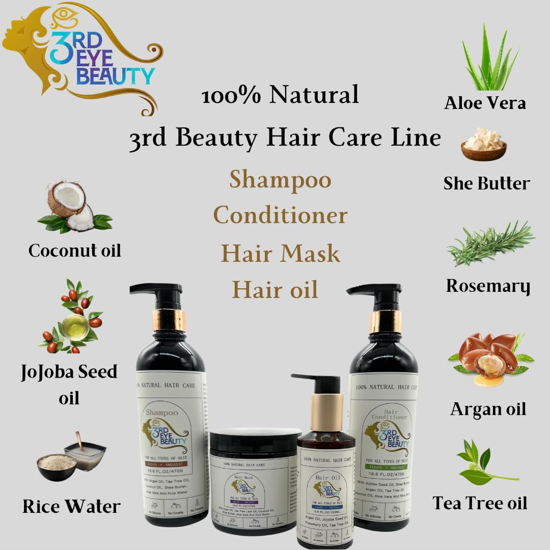 3rd Eye Beauty 100% Natural Vegan Silicon and Sulfate free Shampoo made with Argan oil, Tea Tree oil, Aloe Vera and Rice water.