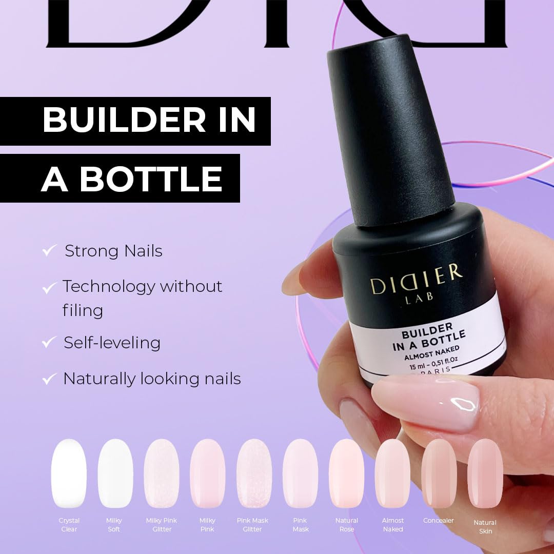 Didier Lab Premium Nail Builder Gel in a Bottle Almost Naked - Strengthens Natural Nails - LED UV Builder Gel for Nails - Hard Gel Nail Builder for Nail Repair and Nail Extensions 0.51 fl oz