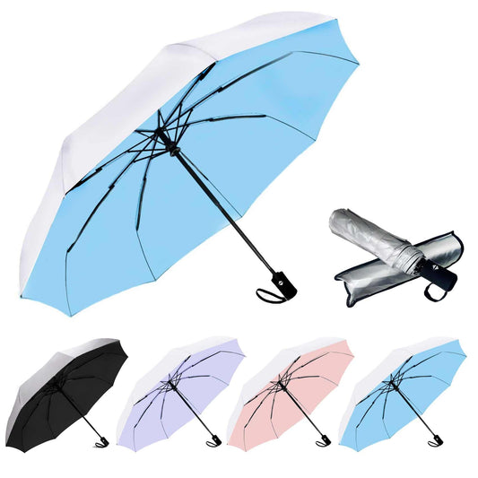 SIEPASA Silver/Blue Compact Travel Umbrella with 50+ UPF UV Protection, Windproof with 8 Fiberglass Ribs, Auto Open & Close Button.