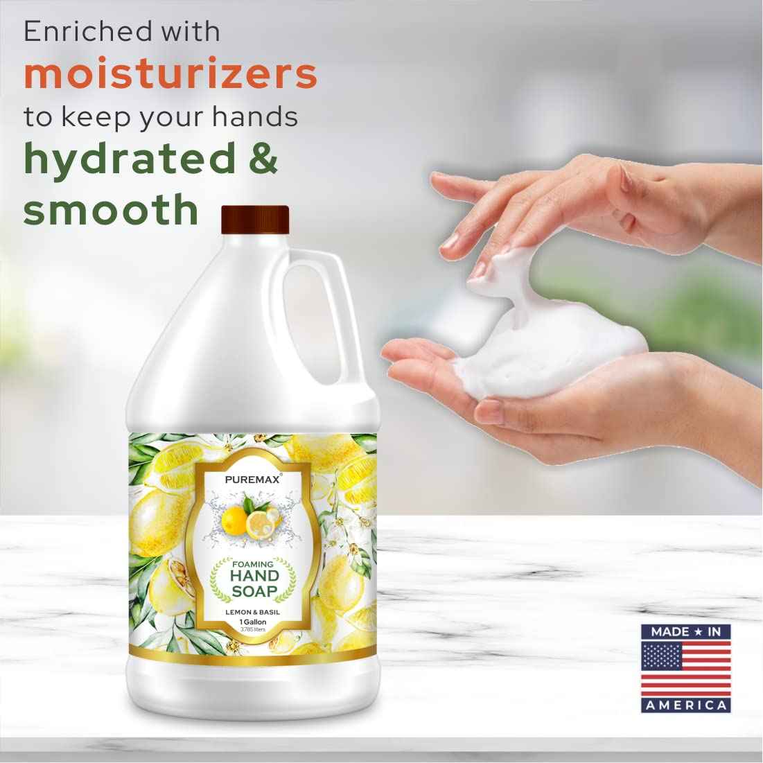 Puremax Foaming Hand Soap Refills | Lemon Basil | All-Natural | Gentle, Moisturizing | Made in USA | 128 Fl Oz (1 Gallon)