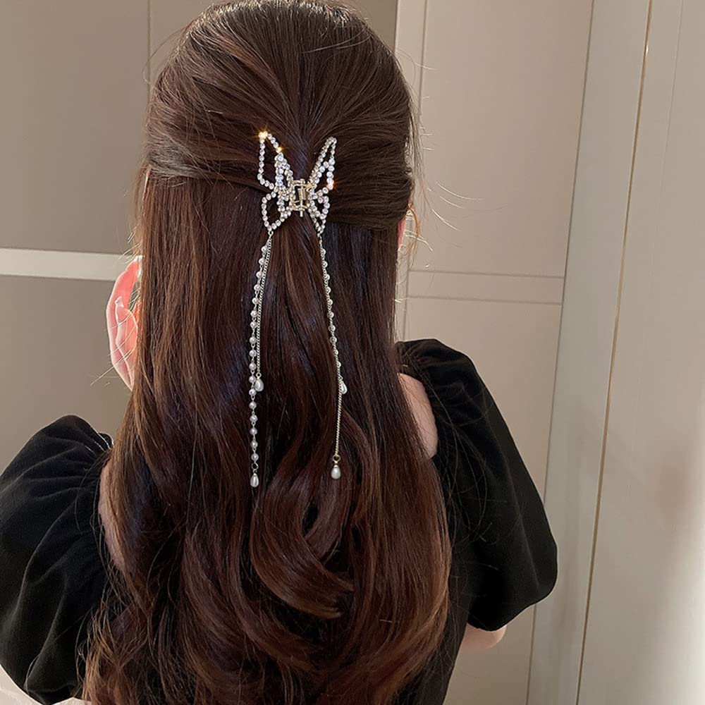 Jumwrit Gold Butterfly Hair Claw Clip Strong Hold Metal Hair Clip Pearl Chain Tassel Hair Claw Rhinestone Hair Clamp Fashion Hair Clip for Women Girls