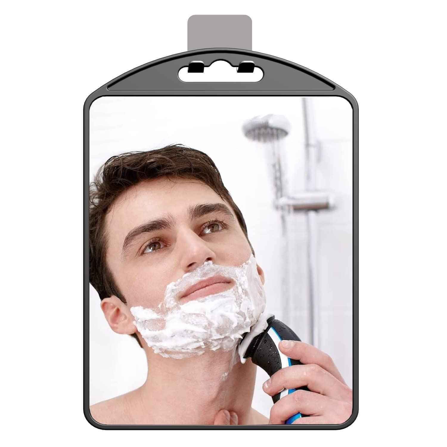 APHUIME-Deluxe Large Fogless Shower Mirror for Shaving (10.1x6.6in) With Razor Holder Hook, Anti-Fog Bathroom Makeup Shave Wall Hanging Mirror (Black)
