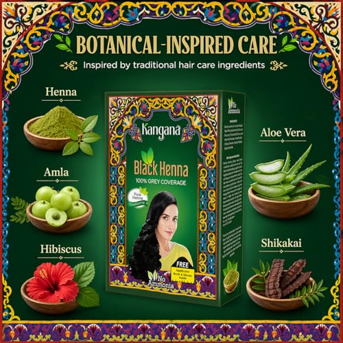 Kangana Black Henna Hair Dye - 100% Grey Coverage, 6 Pouches