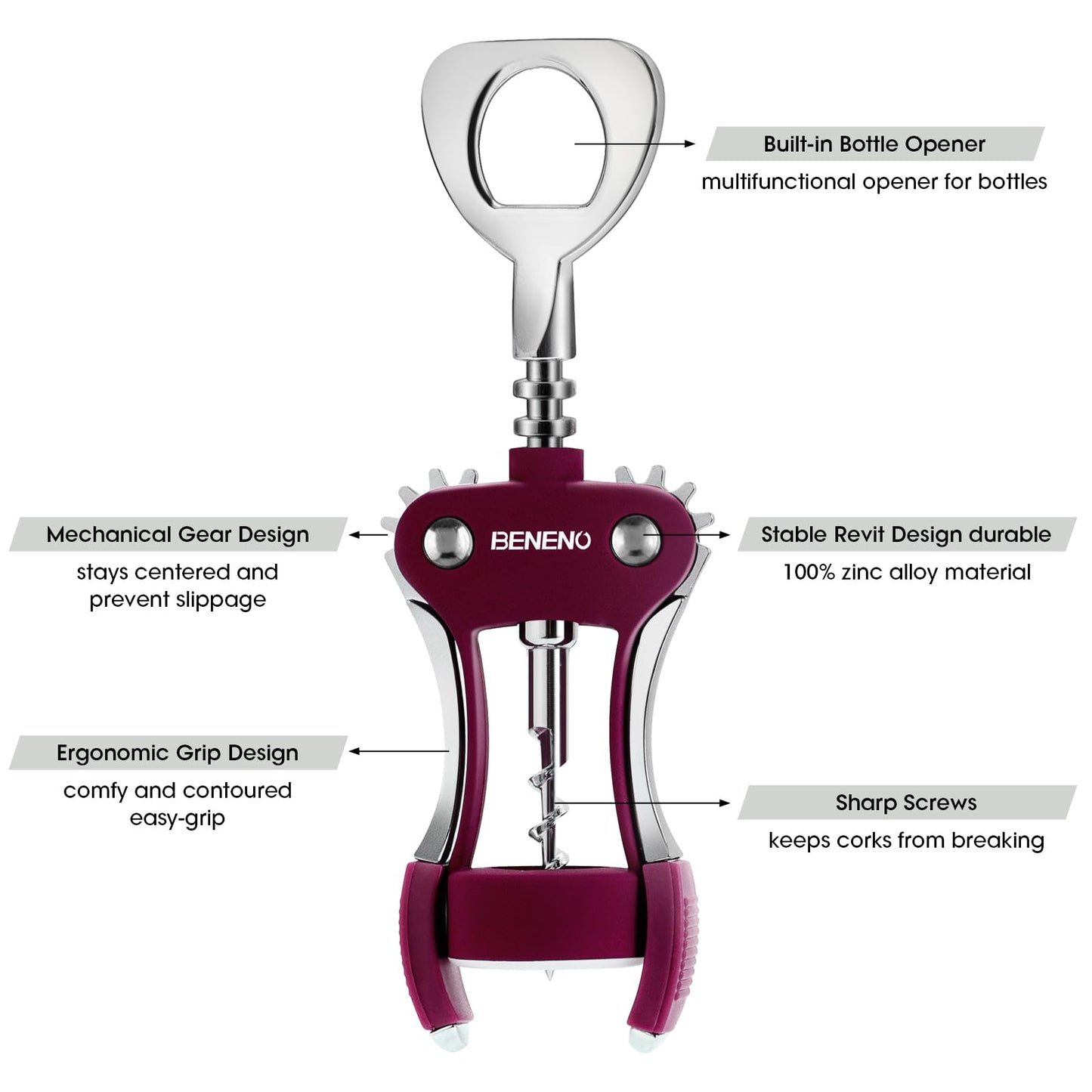 Wine Opener, Zinc Alloy Premium Wing Corkscrew Wine Bottle Opener with Multifunctional Bottles Opener, Sharp Corkscrew with Ergonomic Non-slip Wing Handle, Upgrade Purple