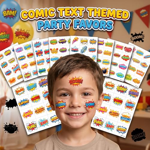 96 PCS Comic Temporary Tattoos for Kids | Pre-Cut Boom Wow Pow