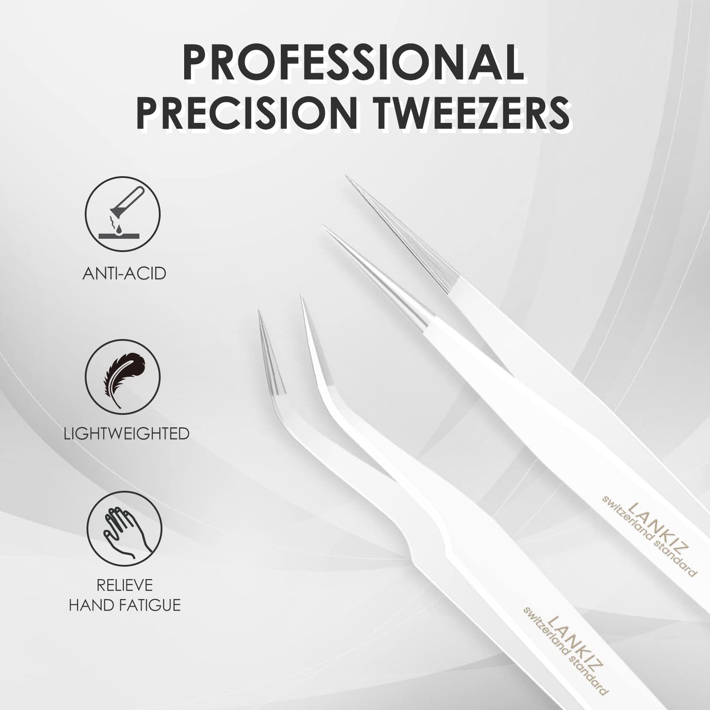 LANKIZ Eyelash Extension Tweezers Stainless Steel Straight and Curved Volume Lash Tweezers Set of 2 for Professional Eyelash Extension Application -White pinzas para pestaas pelo a pelo