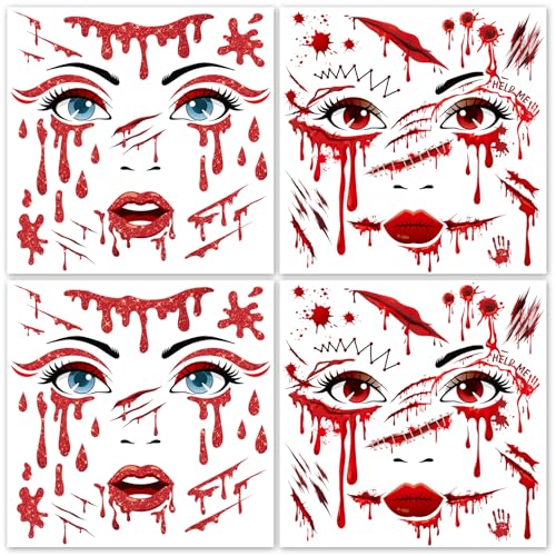 HOWAF Halloween Face Tattoos - 4 Sheets Bloody Scars for Vampire Costume
