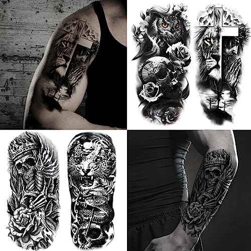 82 Sheets Temporary Tattoo for Men Women Adults, Include 12 Sheets Black 3D Half Sleeve Temporary Tattoos, Halloween Tattoos Scary Lion Wolf Tiger Skull Skeleton Tattoos Stickers
