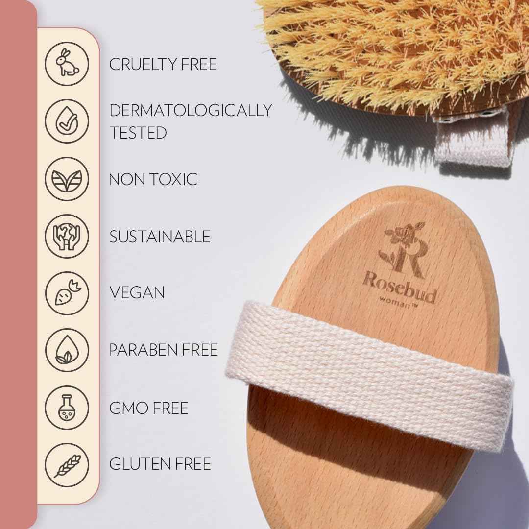Rosebud Woman Body Brush for Dry Brushing & Lymphatic Drainage - Sustainable Beechwood Handle with Vegan Sisal Bristles - Exfoliating Skincare Tool for Enhanced Circulation & Skin Texture