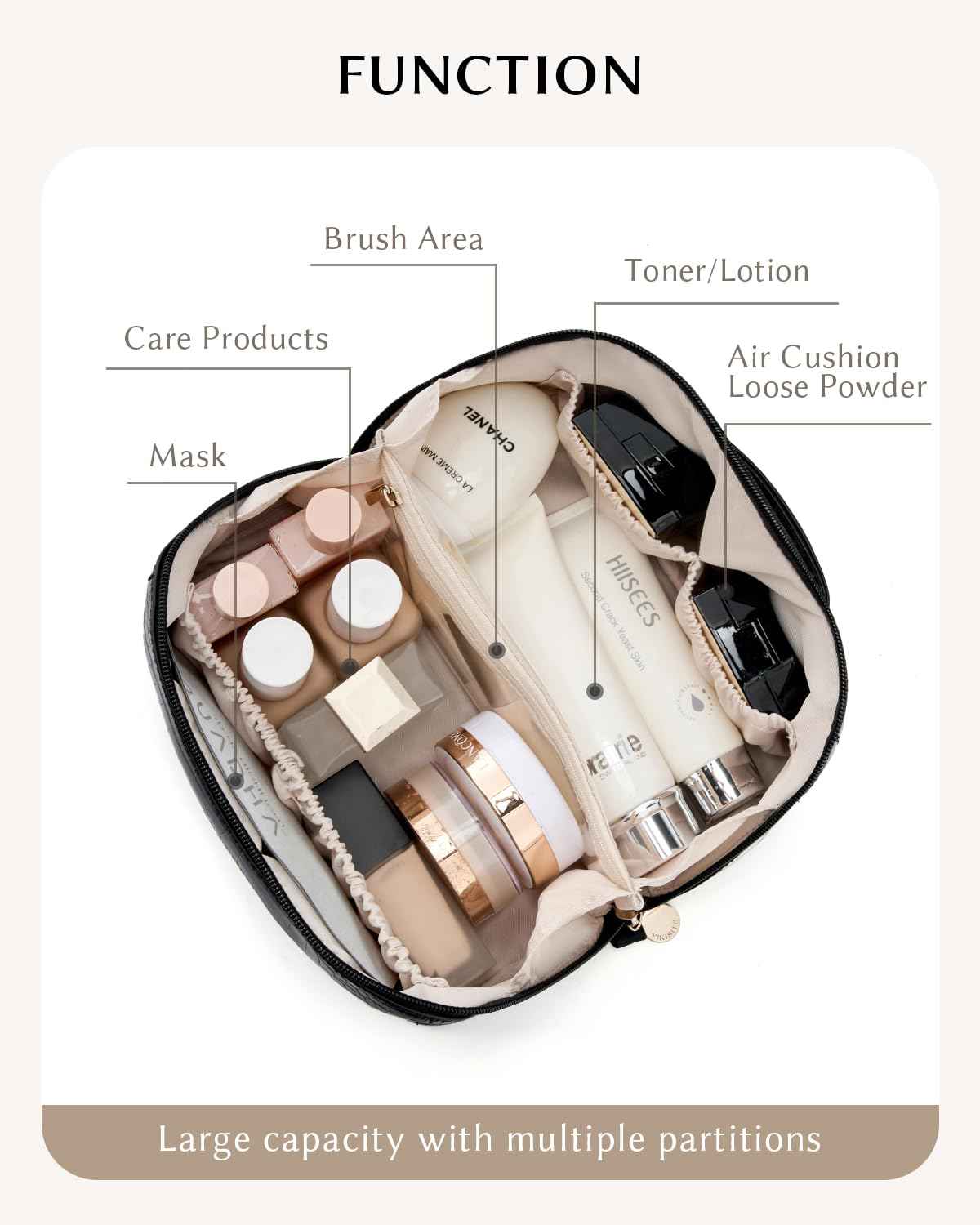 Yikisite Make Up Bag, Cosmetic Organizer for Women, Waterproof Croc PU Leather Makeup Organizer with Divider and Handle Toiletry Bag Travel Bag (Croc Embossed, Black)