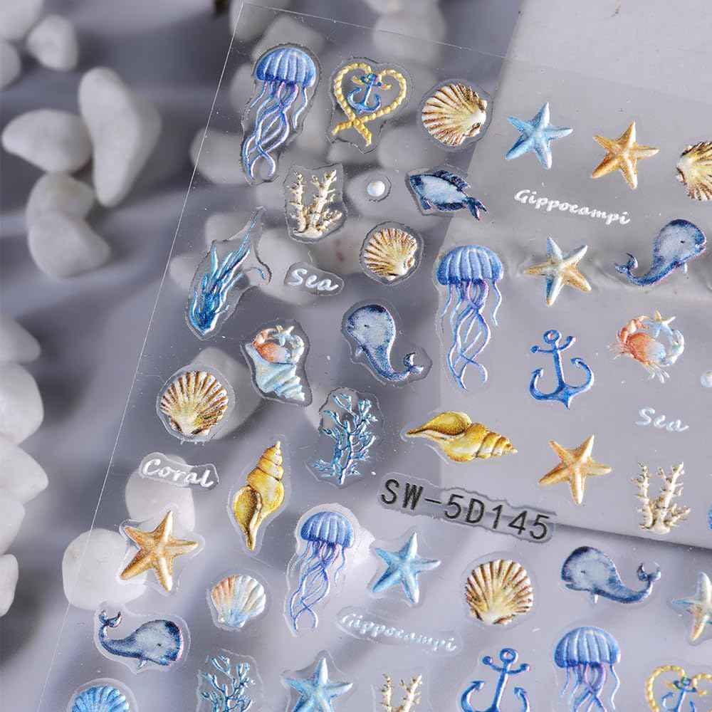 5D Embossed Ocean Nail Stickers - Summer Decals With Shell, Starfish, Jellyfish, Sea Animals - Beach Art Supplies for Nails
