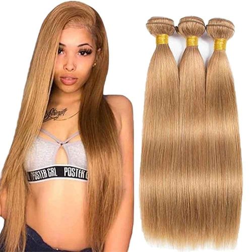 #27 Honey Straight Human Hair Bundles 3 Bundles Straight Hair Brazilian Virgin Human Hair Extensions Unprocessed Hair Bundles for Women 14 16 18 Inch