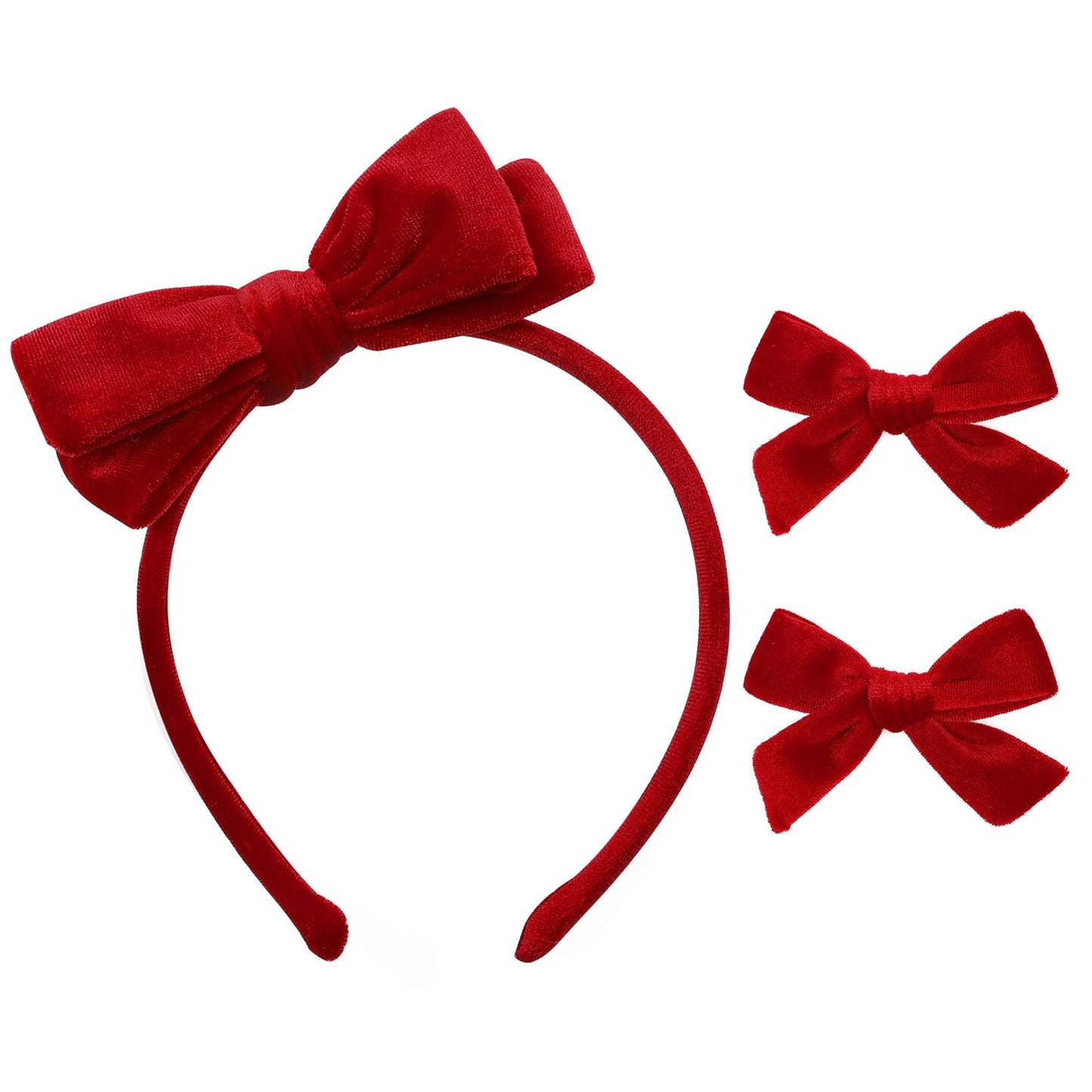 DEEKA Red Velvet Bow Headband & 2 Pcs Velvet Hair Bows Set Velvet Uniform Hair Accessories Hair Band for Little Toddler School Girls -Red