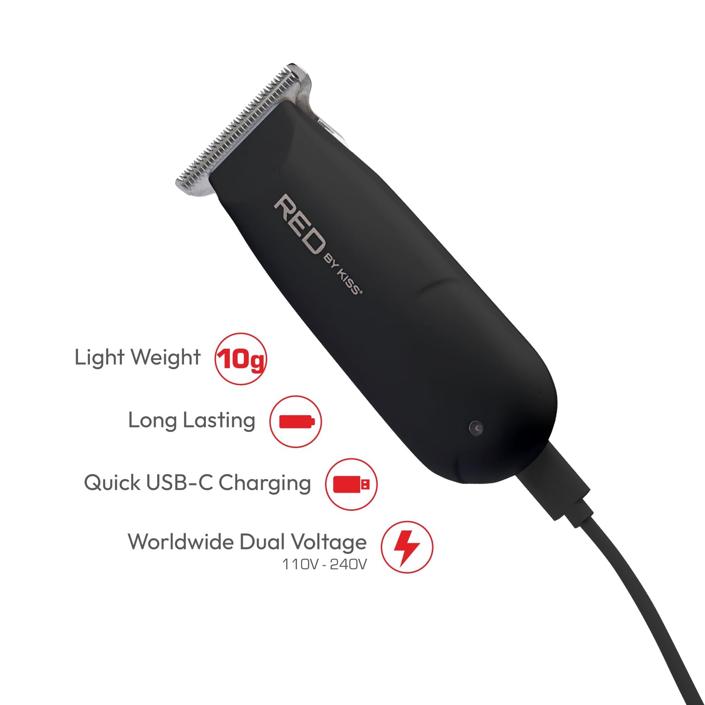 Red by Kiss Hair Clipper, Mini Cordless Hair Trimmer, Long Lasting Hair Cutting Kit, USB-C Rechargeable Haircut Beard Trimming Clippers for Men Women Kids, Portable Grooming Kit (Black)